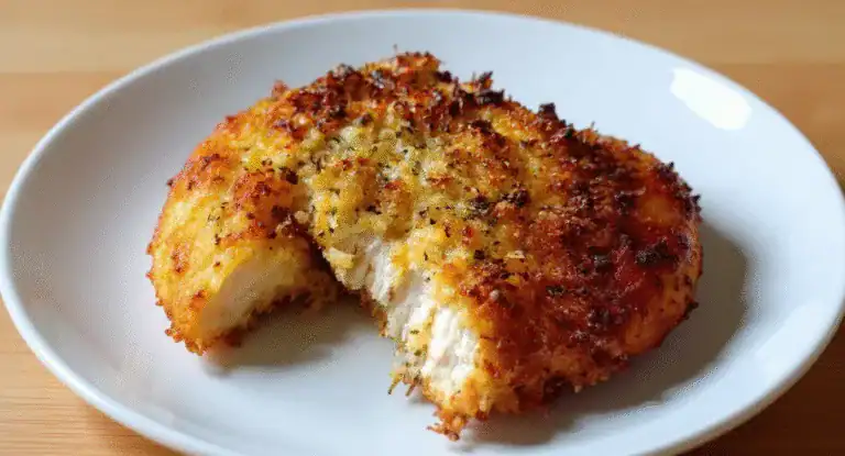 Golden crispy baked chicken cutlet with herbs on white plate, served as a delicious meal.