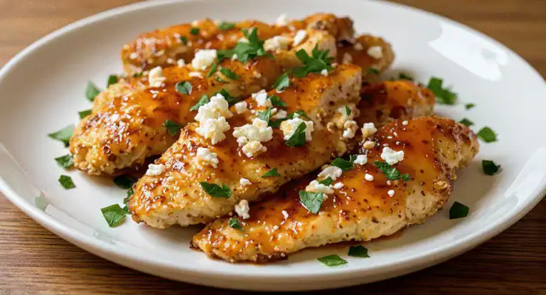 Succulent grilled chicken breast topped with flavorful sauce, crumbled cheese, and fresh herbs, served on a white plate for a delicious and healthy meal. Optimum recipes for all occasions.