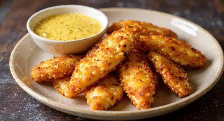 Crispy baked chicken tenders with golden coating served with honey mustard dipping sauce on a rustic plate. Perfect for a delicious homemade meal or snack.
