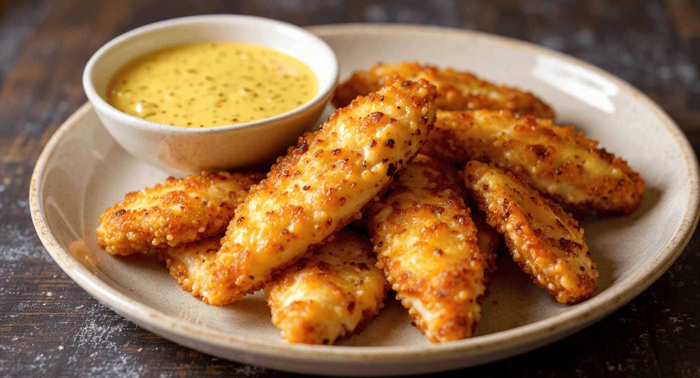 Crispy baked chicken tenders with golden coating served with honey mustard dipping sauce on a rustic plate. Perfect for a delicious homemade meal or snack.