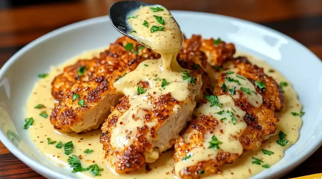 Crispy breaded chicken topped with creamy gravy and fresh herbs served on a white plate, highlighting delicious comfort food suitable for family meals and dinner recipes.