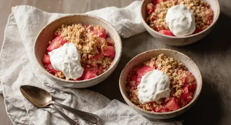 Sweet fruit crumble topped with creamy whipped cream in rustic bowls, served as a delicious dessert perfect for any occasion.