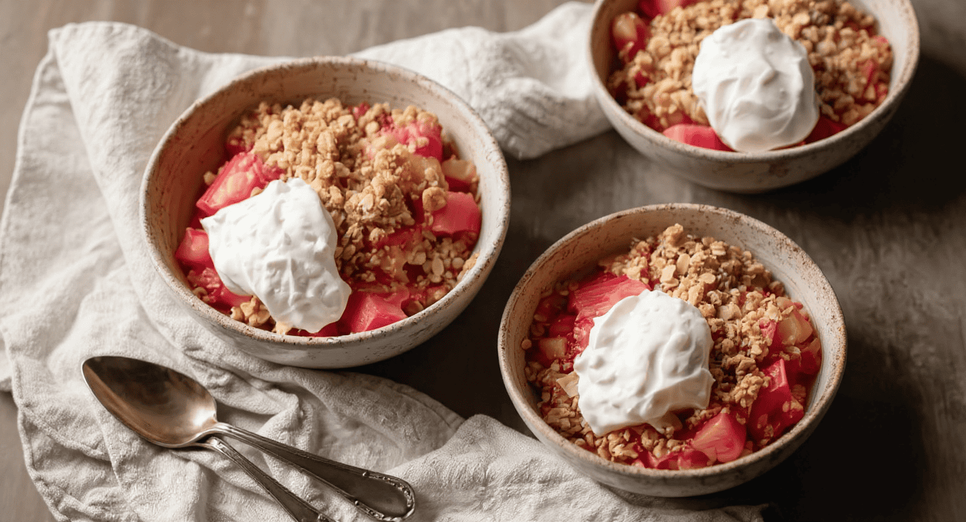 Sweet fruit crumble topped with creamy whipped cream in rustic bowls, served as a delicious dessert perfect for any occasion.