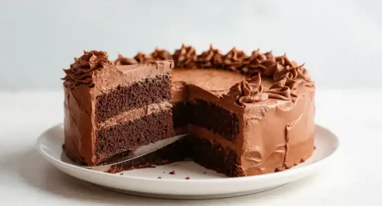 Rich chocolate cake with smooth frosting and decorative piping on top, sliced to reveal moist layers, served on a white plate.
