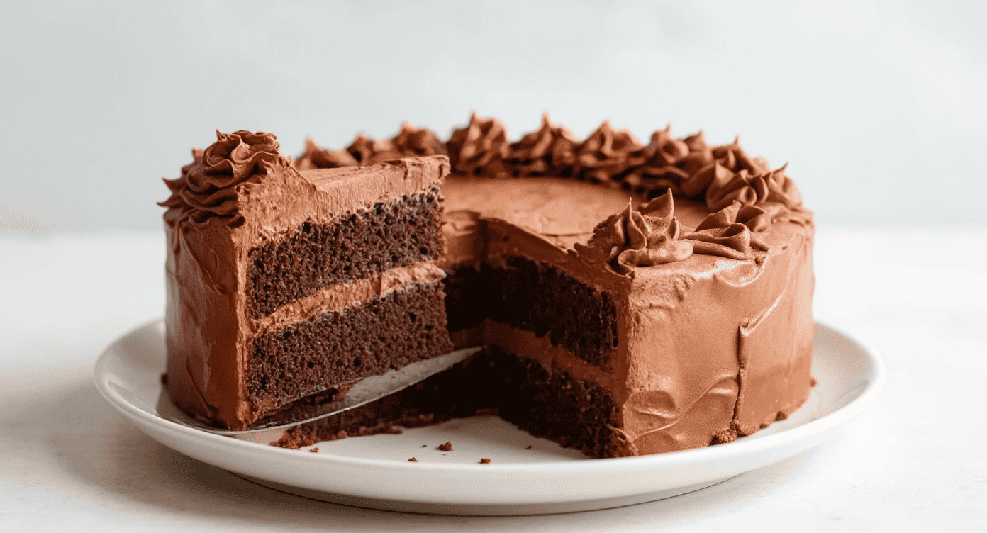 Rich chocolate cake with smooth frosting and decorative piping on top, sliced to reveal moist layers, served on a white plate.