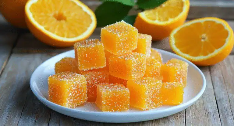 Golden orange cubed jelly candies coated with sugar on a white plate with fresh orange halves in the background.