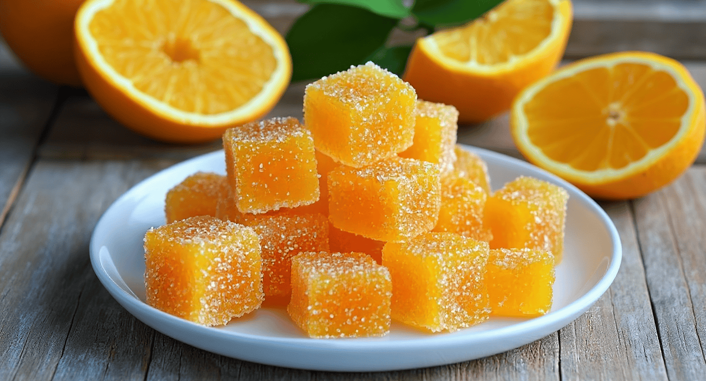 Golden orange cubed jelly candies coated with sugar on a white plate with fresh orange halves in the background.