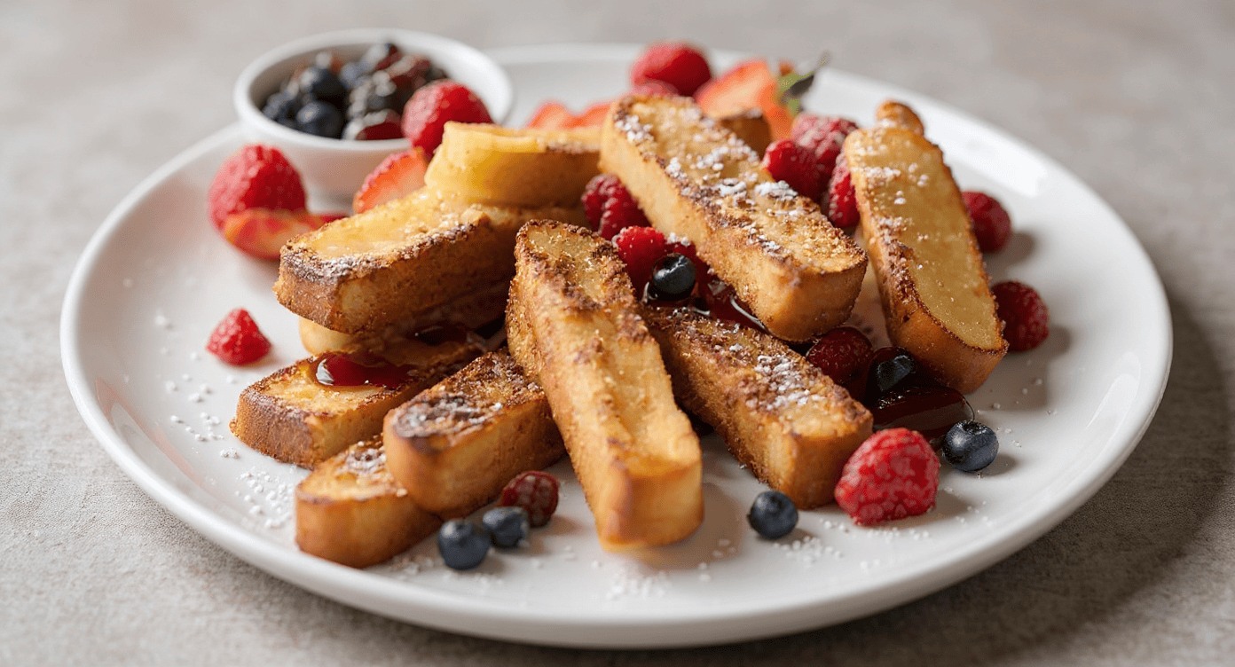 Golden French toast sticks topped with powdered sugar, served with fresh berries and berry syrup on a white plate. Perfect for breakfast or brunch, emphasizing deliciousness and healthy fruit toppings.