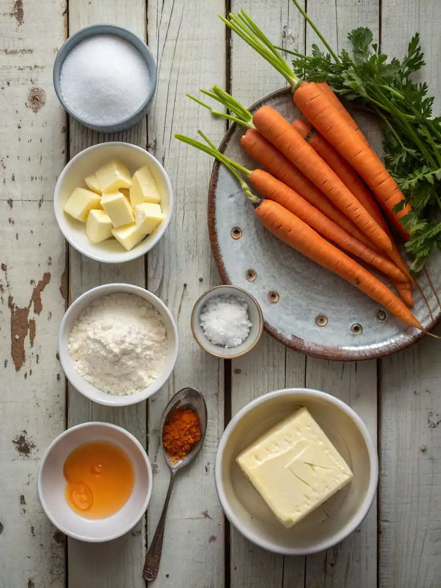 Carrots with butter, salt, sugar, and spices on a rustic wooden surface, ingredients for a delicious homemade recipe. Fresh vegetables and baking essentials suitable for healthy cooking and meal preparation.