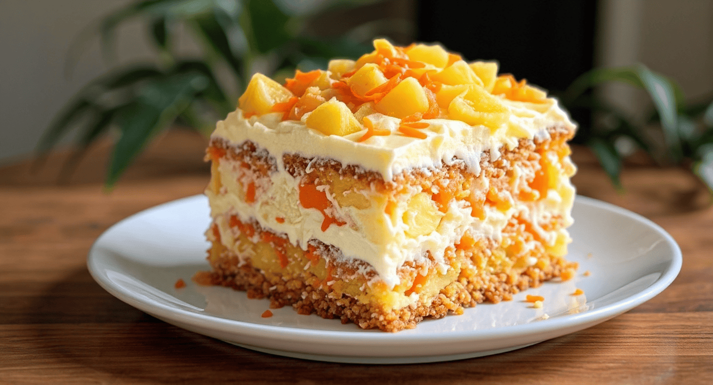 Creamy pineapple carrot cake with whipped frosting and sprinkles on a white plate, served on a wooden table.