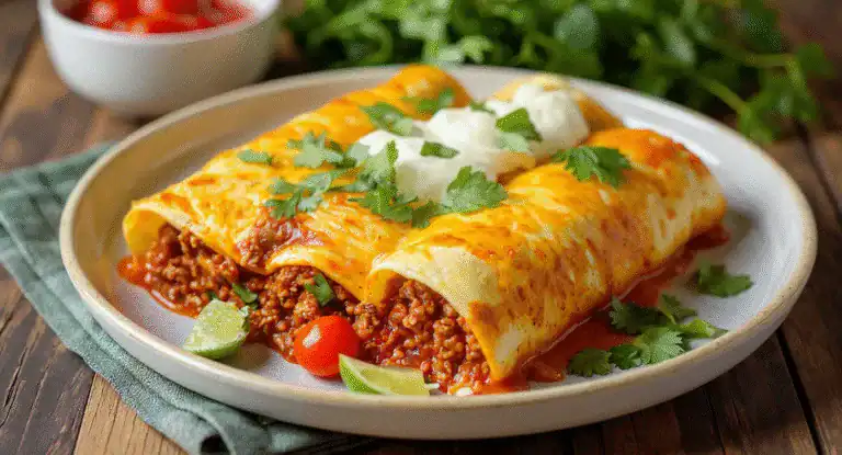 Savory beef and chili cheese enchiladas with melted cheese, fresh cilantro, tomatoes, and lime wedges on a rustic wooden table. Perfect for Mexican-inspired recipes and easy dinner ideas.