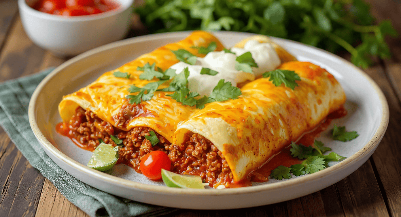 Savory beef and chili cheese enchiladas with melted cheese, fresh cilantro, tomatoes, and lime wedges on a rustic wooden table. Perfect for Mexican-inspired recipes and easy dinner ideas.