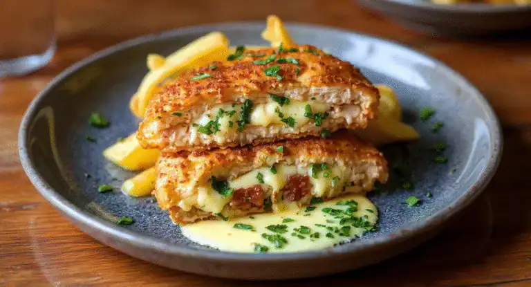 Golden crispy chicken cordon bleu with melted cheese and ham, served with French fries on a dark ceramic plate. Perfect for a delicious and satisfying meal at home.