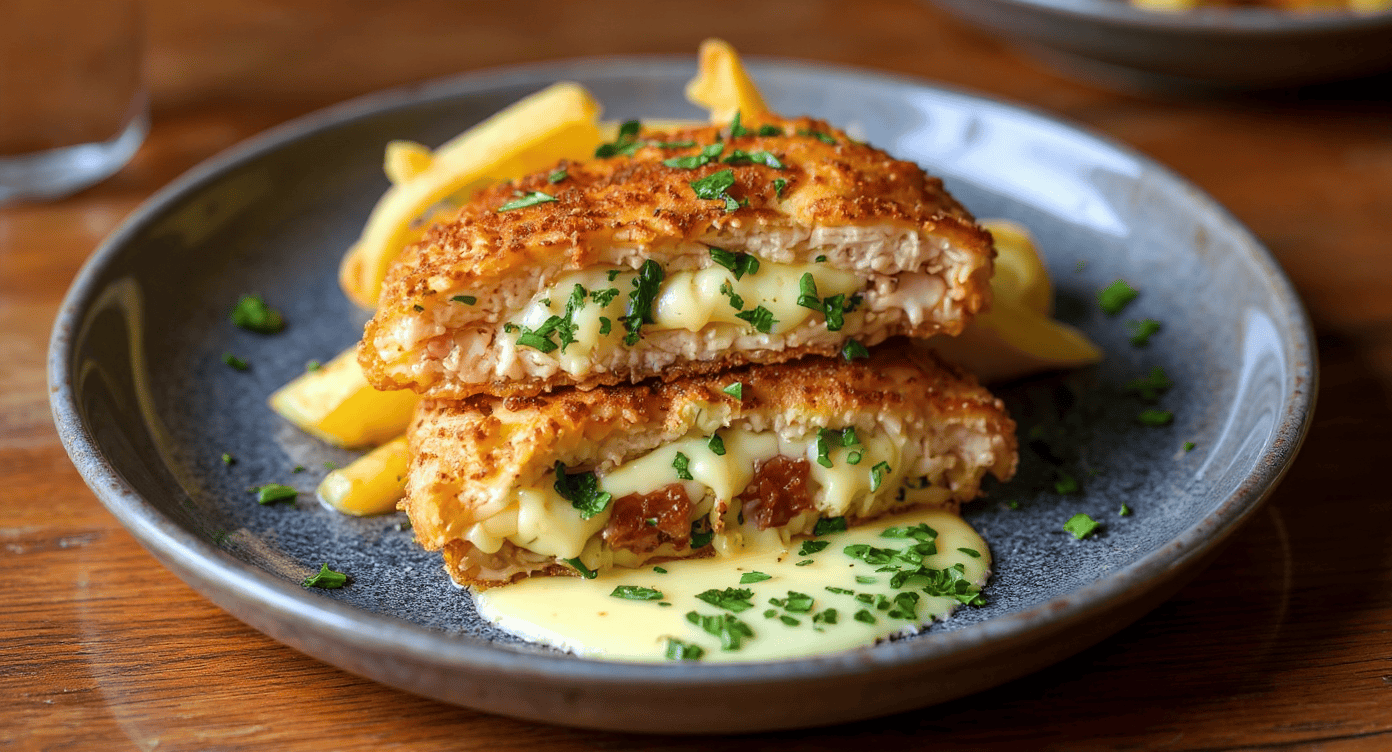 Golden crispy chicken cordon bleu with melted cheese and ham, served with French fries on a dark ceramic plate. Perfect for a delicious and satisfying meal at home.