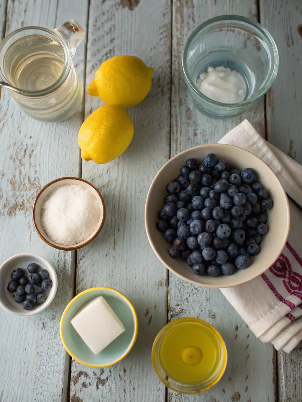 Fresh blueberries, lemons, sugar, and dairy ingredients on a rustic wooden table, ideal for making blueberry lemon dessert recipes.