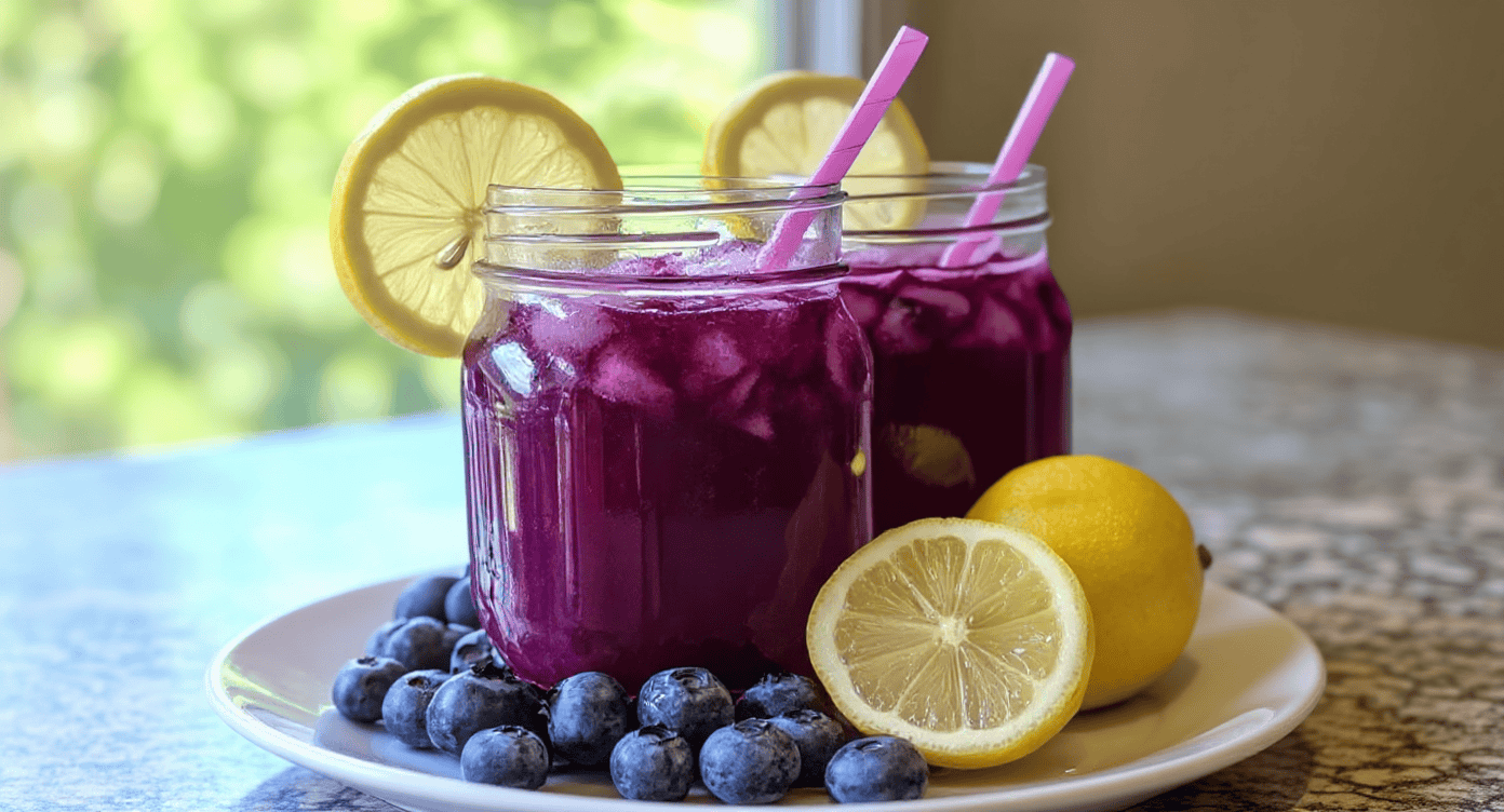 Vibrant purple blueberry lemonade in glass jars with lemon slices and pink straws, served on a white plate with fresh blueberries and whole lemons, perfect for refreshing summer drinks.