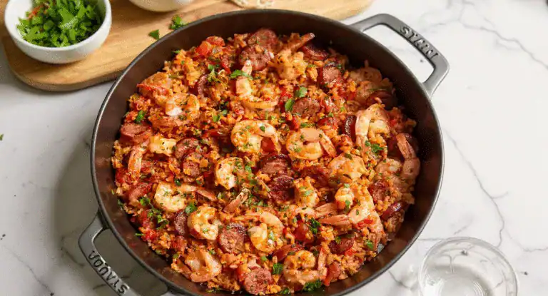 Savory shrimp and sausage gumbo in a black cast iron skillet with chopped herbs and vegetables, perfect for flavorful seafood and sausage recipes.