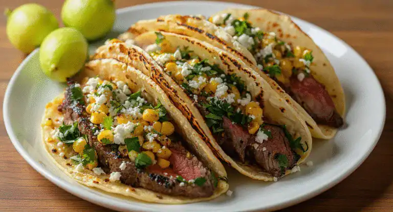 Juicy steak tacos with fresh herbs, corn, and crumbled cheese on soft corn tortillas, served with lime on a white plate. Perfect for Mexican cuisine lovers and taco enthusiasts.
