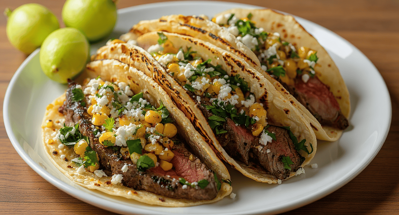 Juicy steak tacos with fresh herbs, corn, and crumbled cheese on soft corn tortillas, served with lime on a white plate. Perfect for Mexican cuisine lovers and taco enthusiasts.