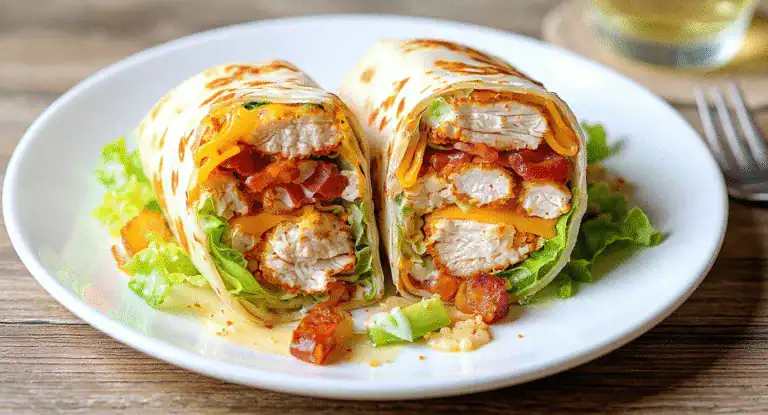 Crispy chicken burrito wrap filled with chicken, cheese, bacon, lettuce, and tomatoes on a white plate on a wooden table. Perfect for flavorful, homemade Mexican-inspired meals.