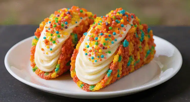 Colorful cereal treats with white frosting and rainbow sprinkles on a white plate. Perfect for snacking, parties, or sweet desserts. Delicious and vibrant snack idea from Recipestang.