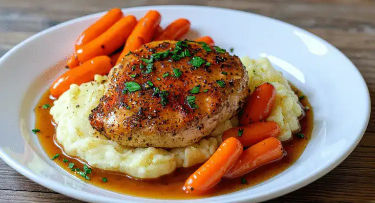 Juicy roasted chicken thigh served with creamy mashed potatoes, glazed carrots, and savory gravy on a white plate. Perfect comfort food recipe for dinner or special occasions.