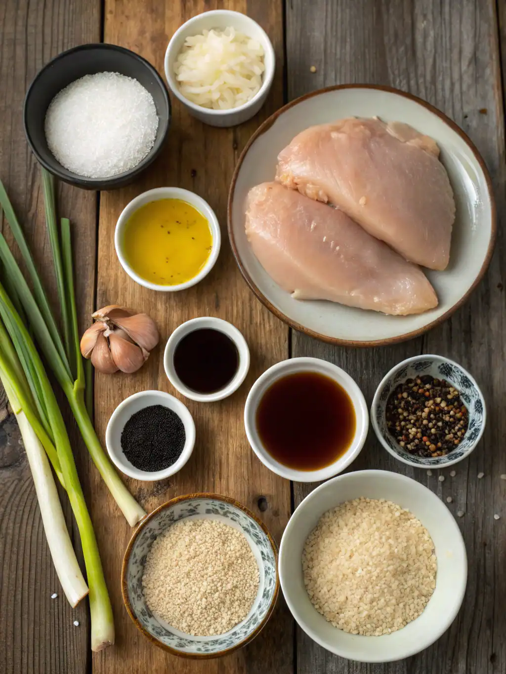 Juice, seasonings, and raw chicken breasts on a rustic wooden table for Asian-inspired dish preparation. Ingredients include garlic, onion, soy sauce, sesame seeds, and spices for flavorful cooking.