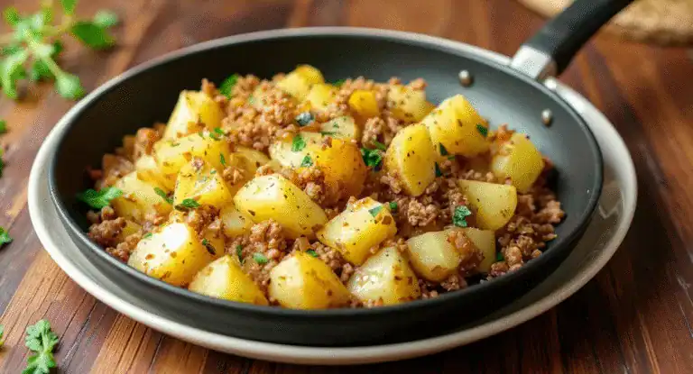 Savory ground beef and diced potatoes cooked in a skillet, garnished with fresh herbs for a hearty and delicious meal. Perfect for quick weeknight dinners or family gatherings.