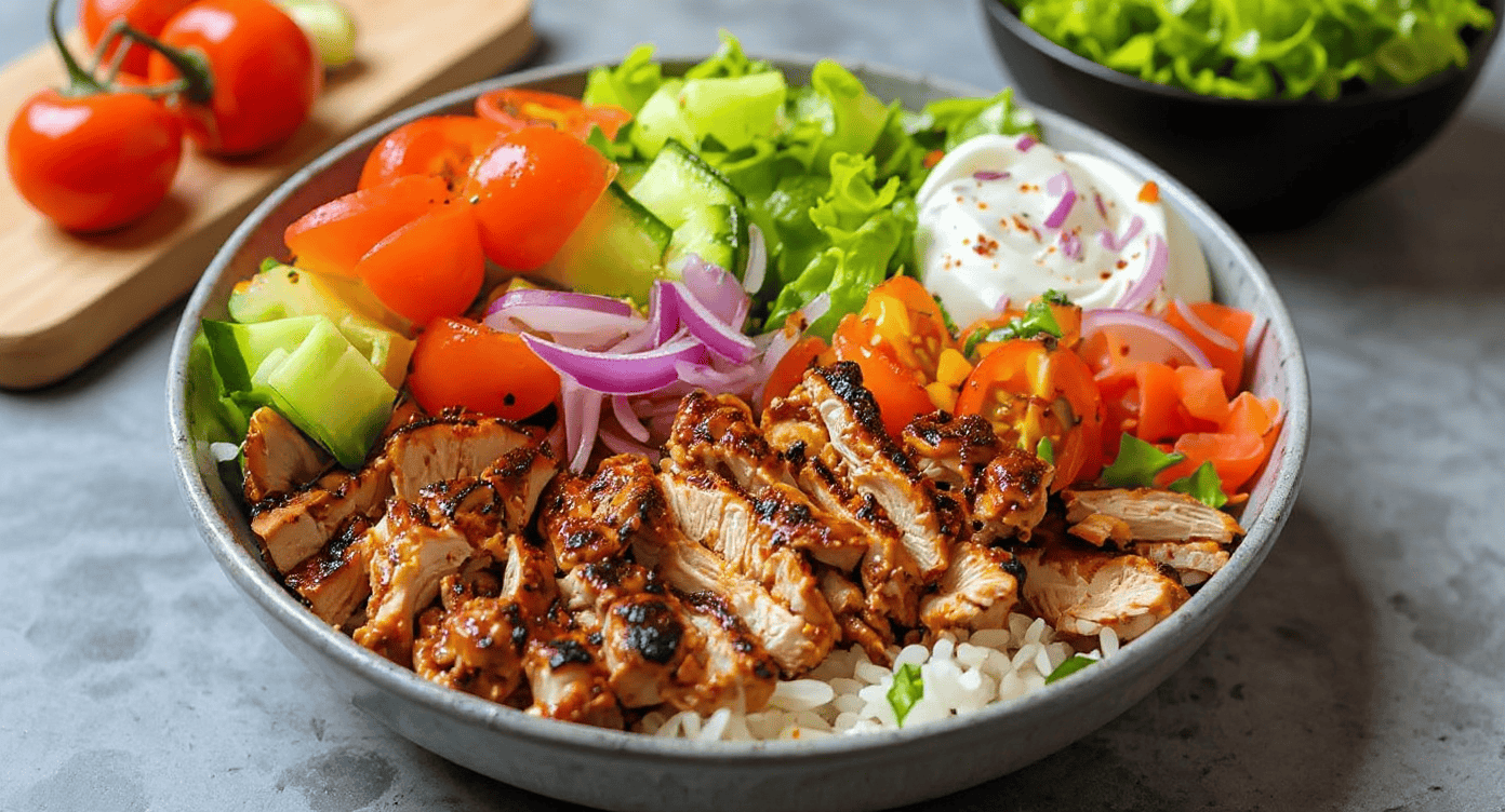 Grilled chicken salad bowl with fresh vegetables and rice, healthy meal with tomatoes, cucumbers, lettuce, and creamy dressing, ideal for a nutritious lunch or dinner on Recipestang.