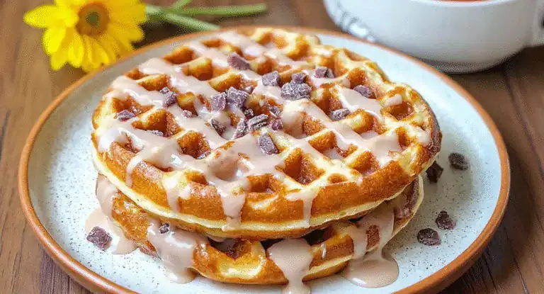 Buttermilk waffles topped with icing, chocolate chips, and syrup on a ceramic plate, served with a flower in the background, perfect for breakfast or brunch recipes.