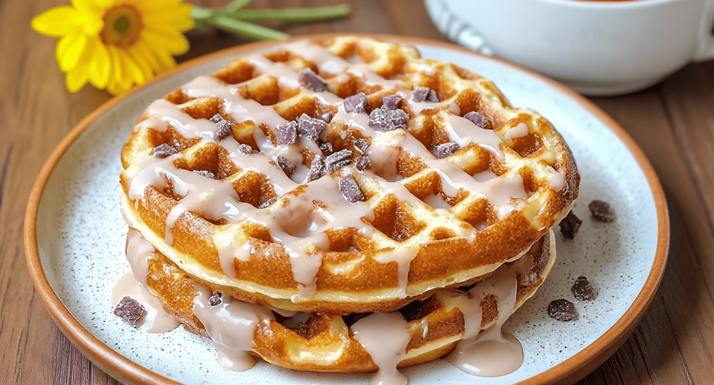 Buttermilk waffles topped with icing, chocolate chips, and syrup on a ceramic plate, served with a flower in the background, perfect for breakfast or brunch recipes.