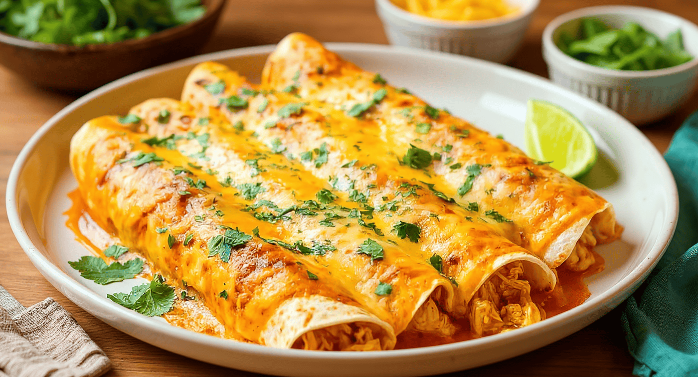 Crispy cheesy chicken enchiladas topped with melted cheese, fresh cilantro, and a lime wedge on a white platter, served with side bowls of lettuce, shredded cheese, and salsa for a delicious Mexican meal.