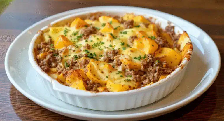Savory beef and potato casserole topped with melted cheese, garnished with fresh herbs, served in a white ramekin for a hearty meal.