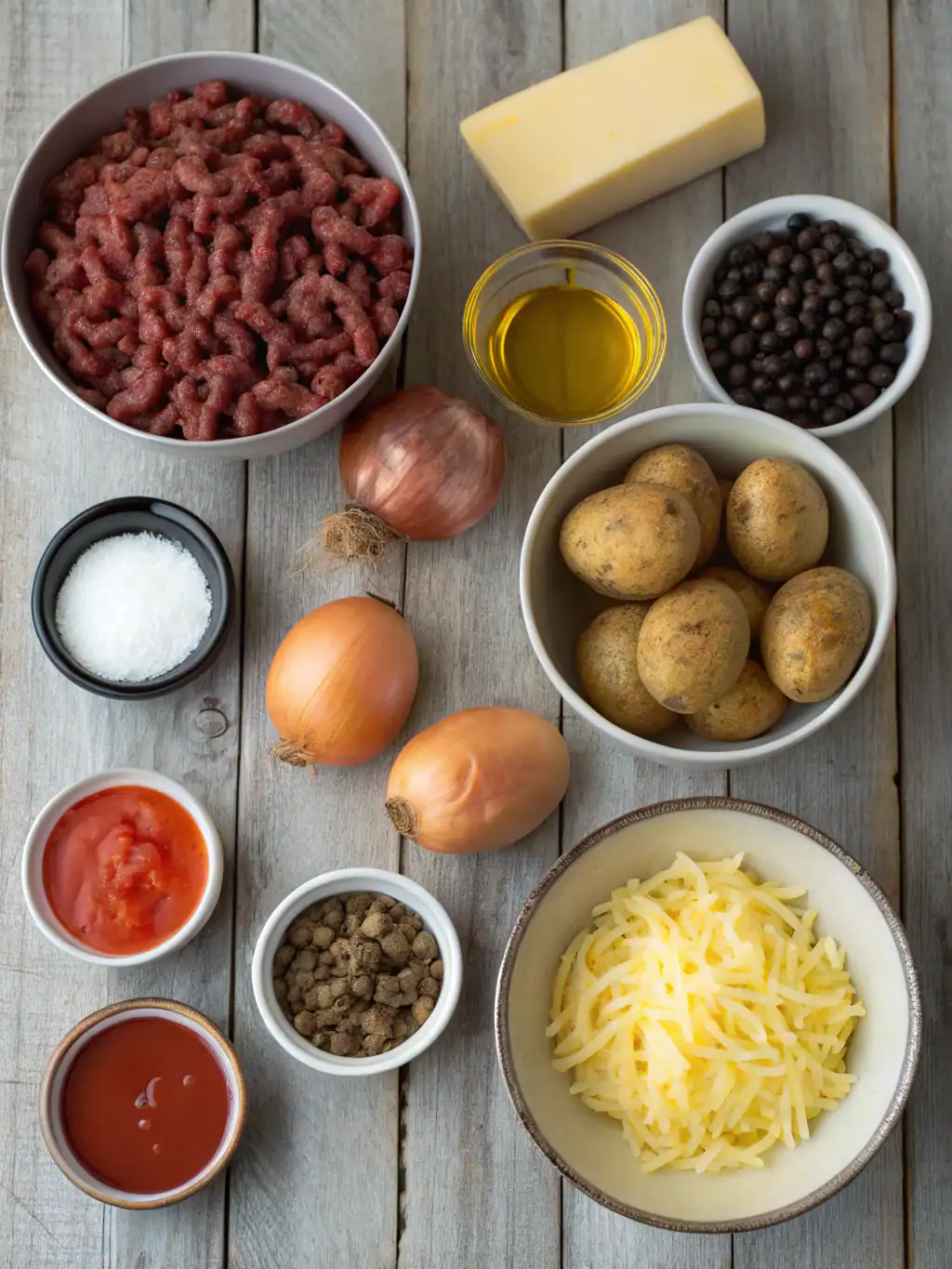 Creamy ground beef and potato casserole ingredients ready for cooking, including ground beef, potatoes, cheese, onions, tomato paste, olive oil, spices, and seasonings for a delicious homemade meal.