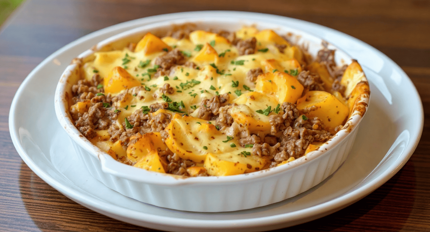Savory beef and potato casserole topped with melted cheese, garnished with fresh herbs, served in a white ramekin for a hearty meal.