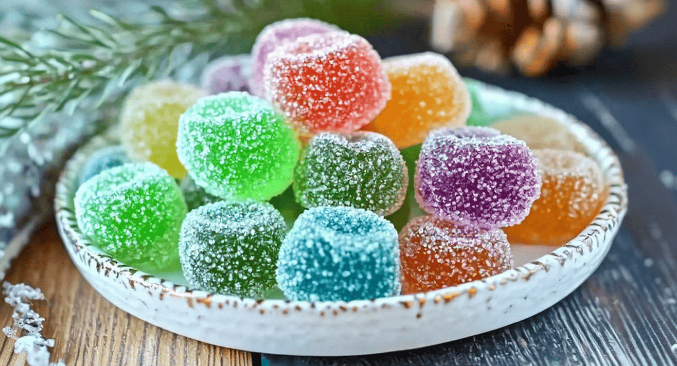 Colorful gummy candies coated with sugar on a decorative plate, perfect for sweet treats and snack ideas.