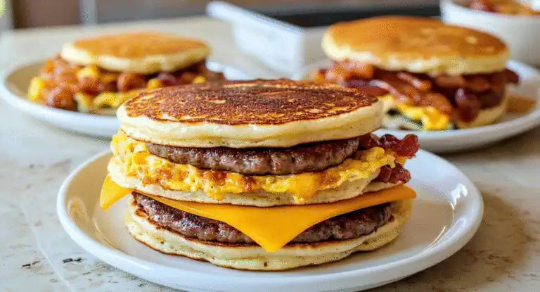 Juicy breakfast sandwich with bacon, cheddar, eggs, sausage patty on toasted English muffin, served on a white plate. Perfect for a hearty breakfast or brunch.