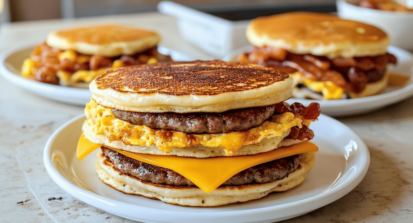 Juicy breakfast sandwich with bacon, cheddar, eggs, sausage patty on toasted English muffin, served on a white plate. Perfect for a hearty breakfast or brunch.