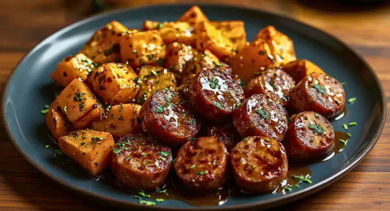 Sauteed sausage links with roasted potatoes garnished with chopped parsley on a dark plate. Delicious, hearty dish perfect for a comforting meal or dinner.