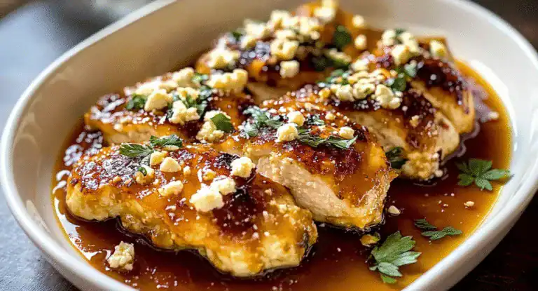 Broiled chicken topped with a savory sauce, crumbled cheese, and fresh herbs in a white dish, perfect for a flavorful dinner or special occasion.