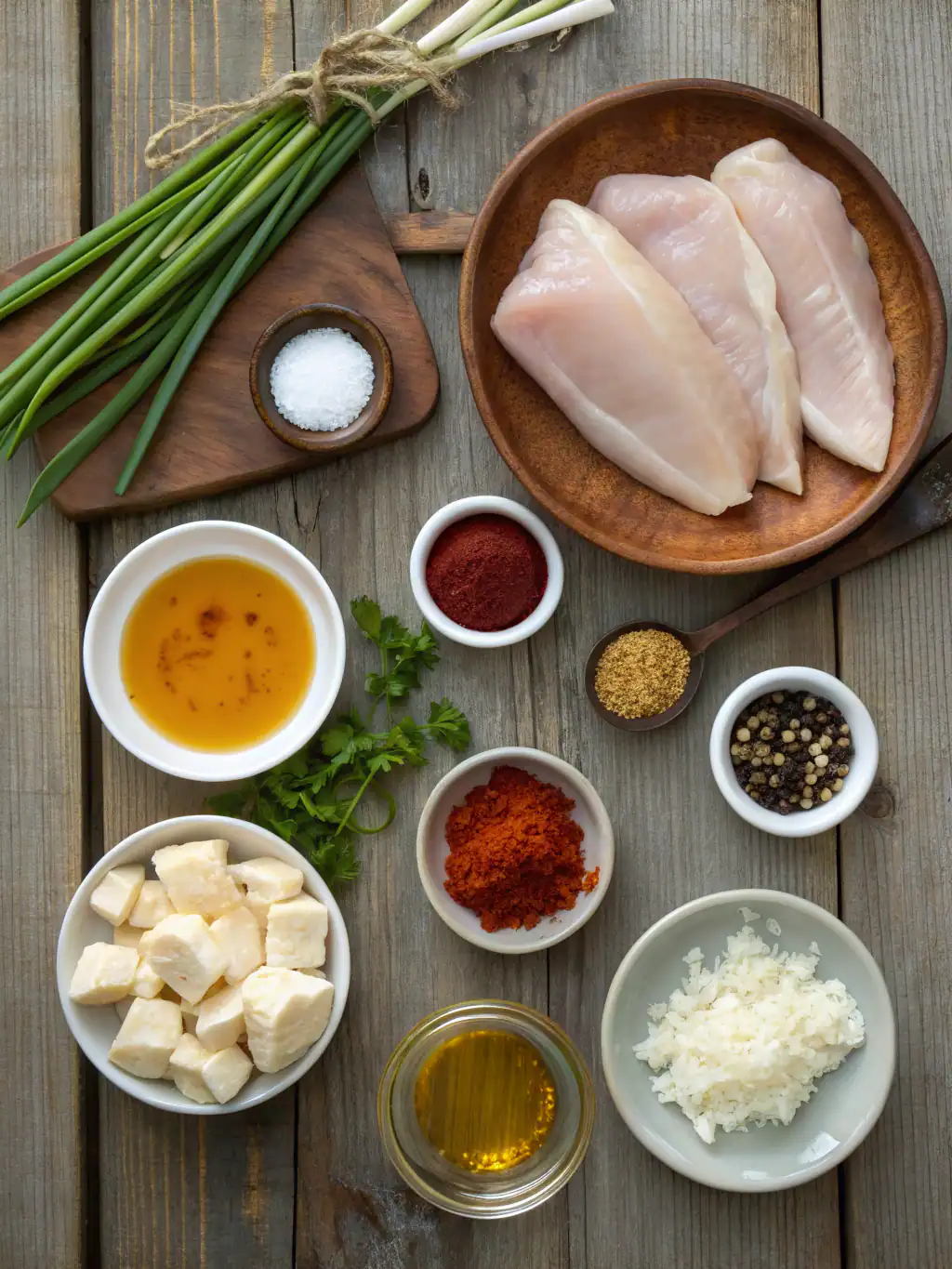 Fresh raw chicken breast with herbs and spices setup for cooking, featuring garlic, olive oil, salt, pepper, and seasoning powders, on rustic wooden background.