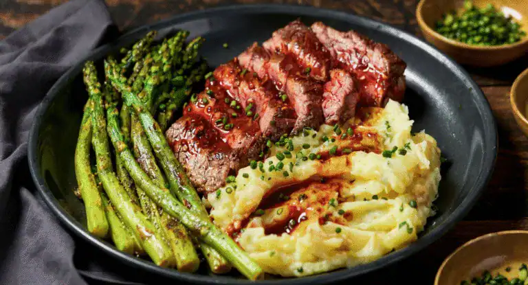Juicy grilled steak served with roasted asparagus and creamy mashed potatoes garnished with chopped chives, perfect for meal prep and healthy eating.