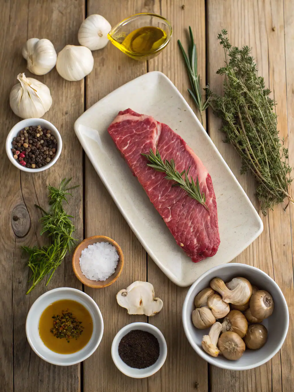 Fresh raw beef steak with herbs and cooking ingredients on rustic wooden surface, ready for grilling or cooking.