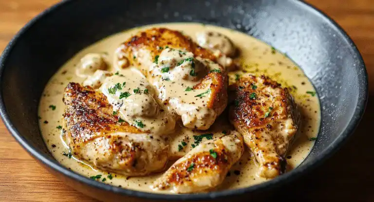 Creamy chicken in herbs and black pepper sauce with mushrooms in a black bowl on a wooden surface.