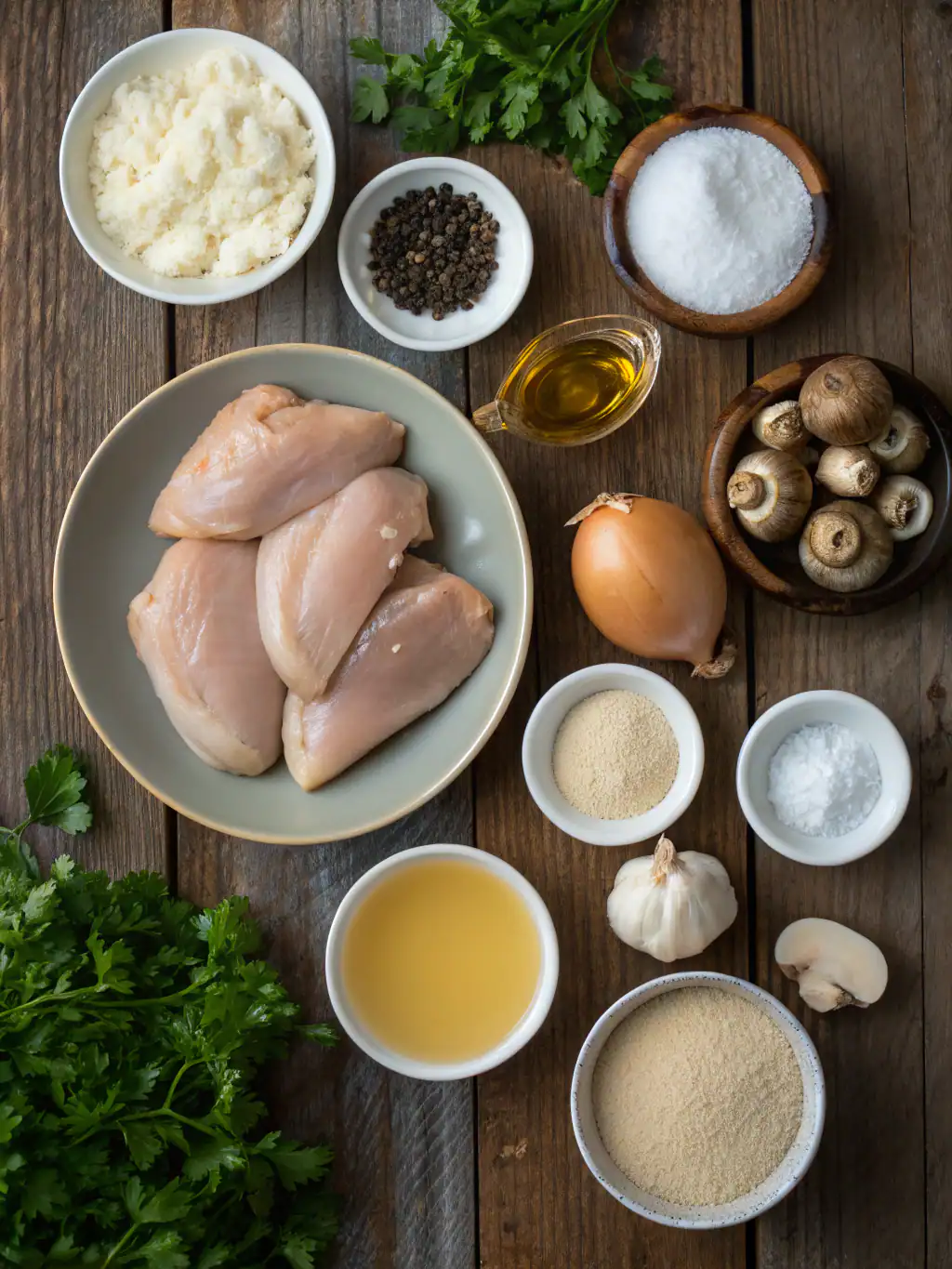 Fresh raw chicken breasts with herbs and seasonings, including garlic, onion, mushrooms, and spices, displayed on a rustic wooden table for delicious recipe preparation.