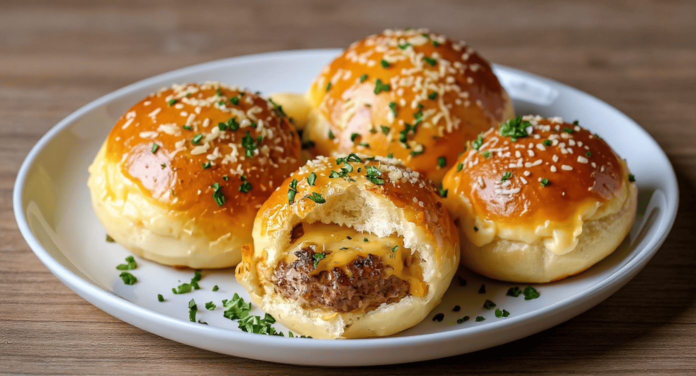 Savory cheeseburger stuffed bread rolls topped with melted cheese and chopped green herbs on a white plate.
