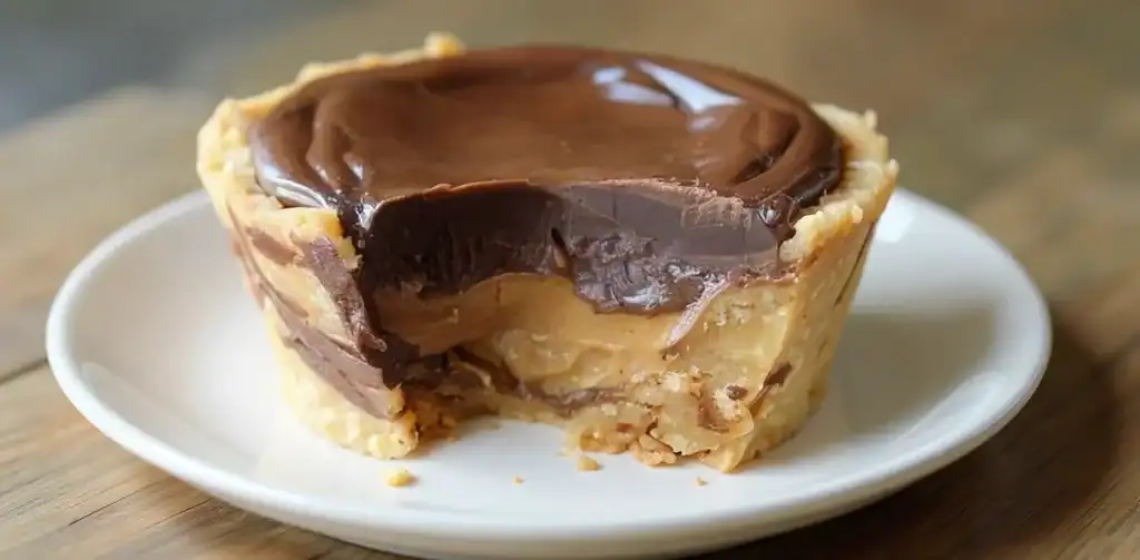 Rich chocolate and caramel layered dessert with a flaky crust on a white plate, perfect for indulgent sweet treats.