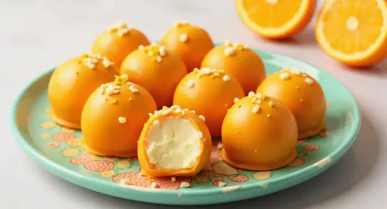 Cream-filled orange chocolates with white chocolate drizzle on a pastel teal plate, garnished with citrus zest, served with fresh orange halves for a delightful dessert experience.
