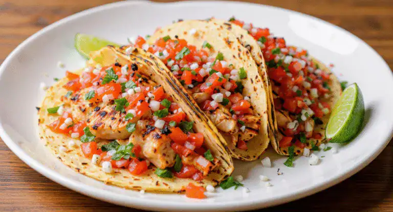 Succulent grilled chicken tacos with fresh tomato salsa, chopped onions, cilantro, and lime wedges on a white plate, perfect for flavorful Mexican cuisine.