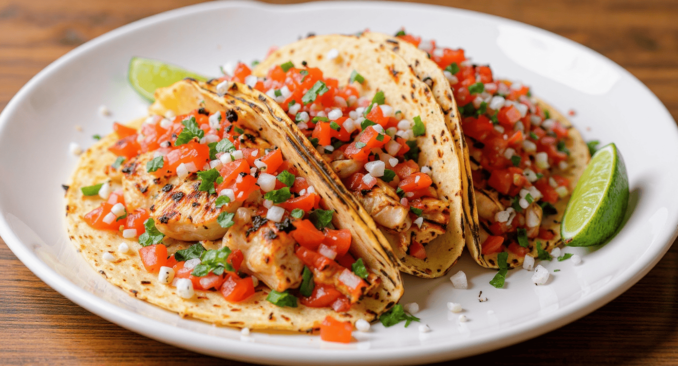 Succulent grilled chicken tacos with fresh tomato salsa, chopped onions, cilantro, and lime wedges on a white plate, perfect for flavorful Mexican cuisine.